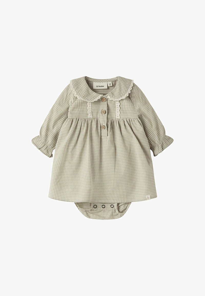 Robe bébé à manches longues, col Claudine, motif vichy beige et blanc, boutons en bois et fermeture par pression au bas.