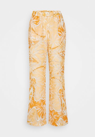 Pantalones de tecido suave em tons de amarelo e creme, com um design de folhas em padrões fluídos. Cintura elástica, corte largo.
