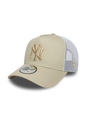Beige baseball cap with a structured front, mesh back, embroidered logo in light tan, curved brim, and adjustable strap.