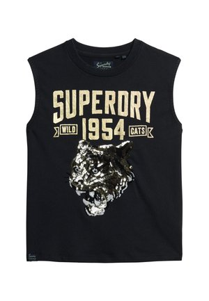 T-shirt sans manches noir avec du texte en paillettes dorées "SUPERDRY WILD 1954 CATS" et un motif de tête de tigre en sequins sur le devant.