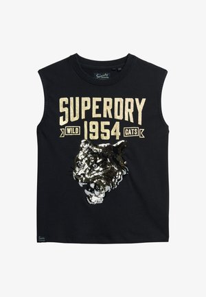 T-shirt sans manches noir avec du texte en paillettes dorées "SUPERDRY WILD 1954 CATS" et un motif de tête de tigre en sequins sur le devant.