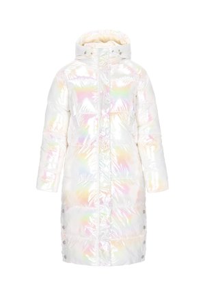 Pullover valkoiset untuvatakki, jossa on helmiäishohtoinen pinta, varustettuna hupulla, neppaneilla ja tikatulla muotoilulla, jossa näkyvät ompeleet.