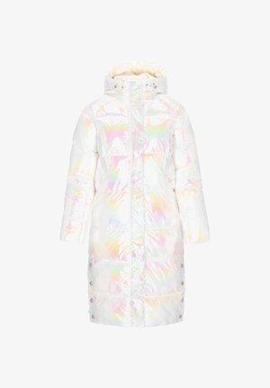 Pullover valkoiset untuvatakki, jossa on helmiäishohtoinen pinta, varustettuna hupulla, neppaneilla ja tikatulla muotoilulla, jossa näkyvät ompeleet.