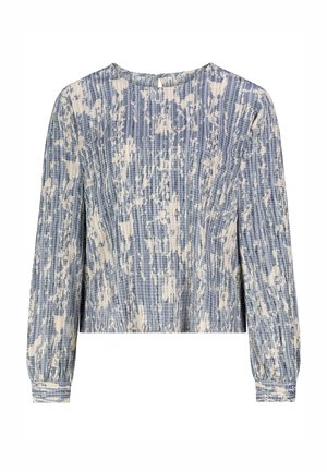 Blue and off-white long-sleeve blouse featuring a textured striped pattern, round neckline, and gathered sleeve cuffs.
