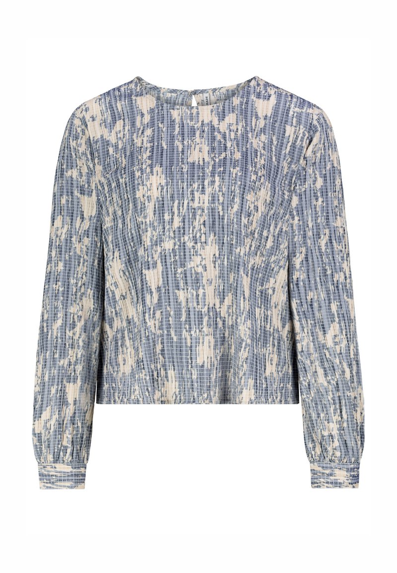 Blau- und cremefarbige Langarmbluse mit einem strukturierten gestreiften Muster, rundem Ausschnitt und gerafften Ärmeln.