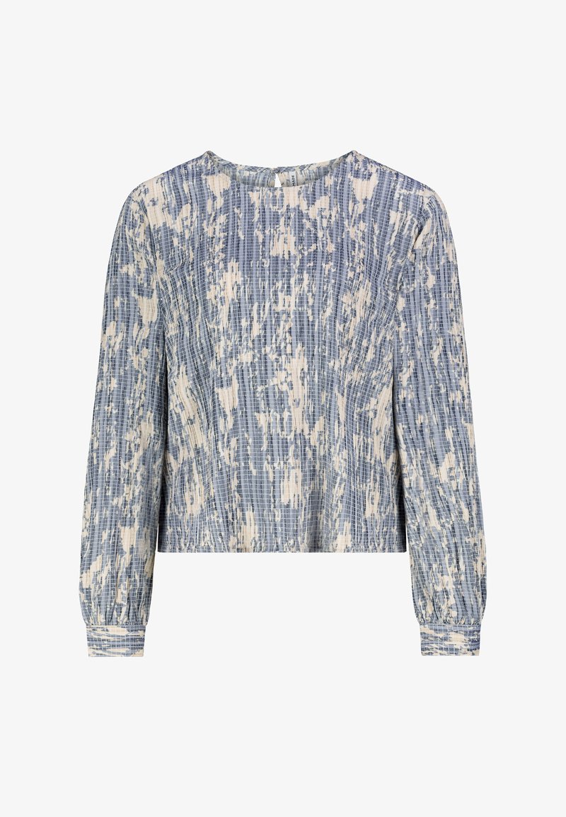 Blue and off-white long-sleeve blouse featuring a textured striped pattern, round neckline, and gathered sleeve cuffs.