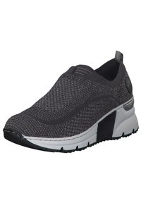 Gray slip-on shoe made of knitted fabric, featuring a textured upper, subtle black accents, a thick white sole, and a pull tab at the back.