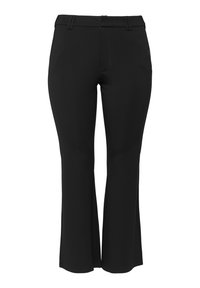 Pantalons noirs ajustés avec une base évasée, texture lisse, fermeture éclair et passants de ceinture. Pas de motifs ou d'accents visibles.