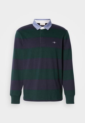 Långärmad poloshirt i bomull, med mörkgröna och marinblå horisontella ränder, en ljusblå krage och en bröstlogga.