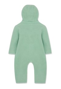 Mintgroene fleece rompertje met een capuchon, lange mouwen en ronde beenopeningen; gladde textuur en geen zichtbare sluitingen of patronen.