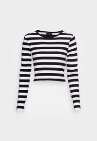 Schwarz-weißer gestreifter langärmliger Cropped-Top. Verfügt über einen runden Ausschnitt und eine taillierte Silhouette aus glattem, dehnbarem Stoff.