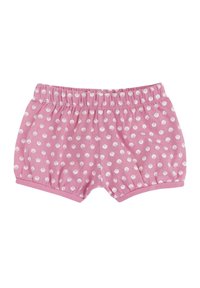 Shorts in cotone rosa con motivo a conchiglia bianco, vita elastica e orli arrotondati. Texture morbida e vestibilità ampia.