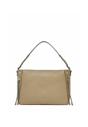 Borsa rettangolare in pelle beige con manico intrecciato, dettagli con cerniera laterale e piccolo logo metallico Liu Jo al centro davanti.