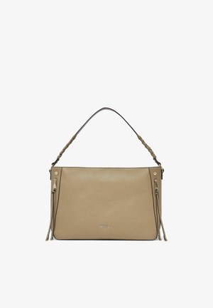 Bež pravokutna kožna torbica s pletenom drškom, detaljima bočnog zatvarača i malim metalnim Liu Jo logotipom u sredini sprijeda.