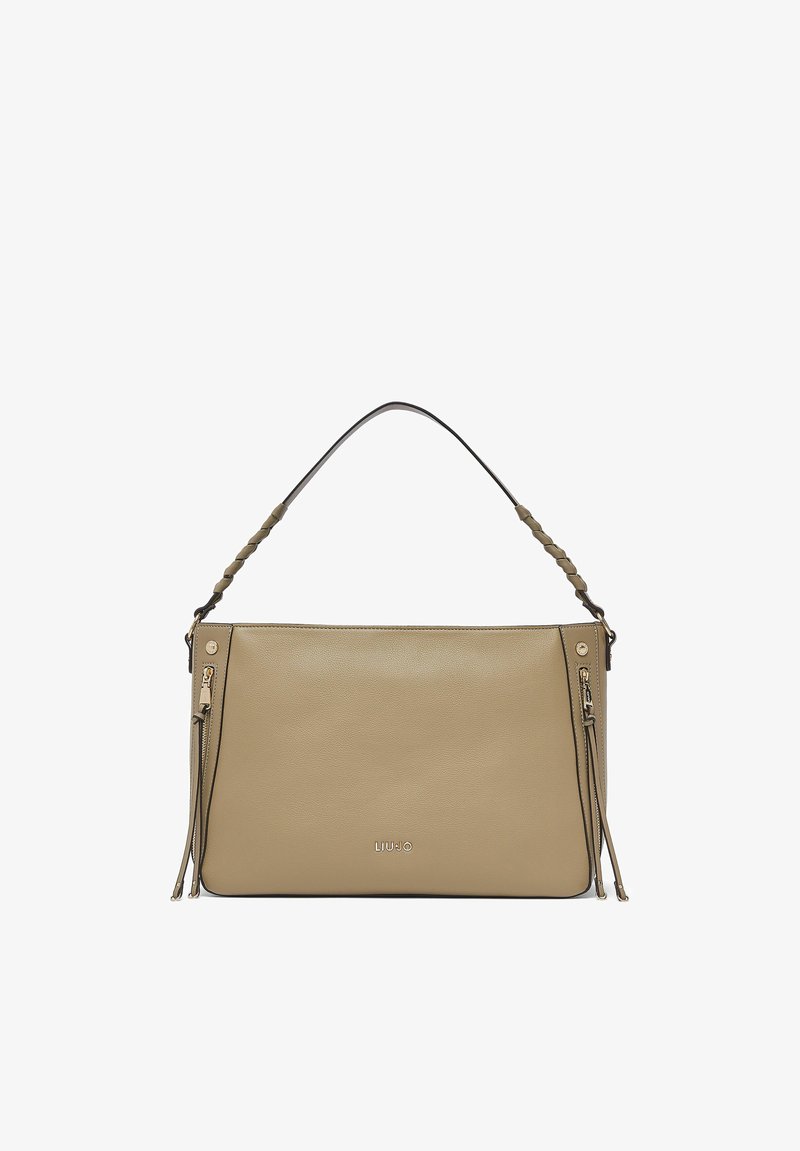 Beige rechteckige Lederhandtasche mit geflochtenem Griff, seitlichen Reißverschlussdetails und kleinem metallischem Liu Jo Logo in der vorderen Mitte.