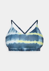 Bralette tie-dye nas cores azul, branco e amarelo. Apresenta um design com decote em V, alças finas e uma textura suave. Sem aros ou enchimento.