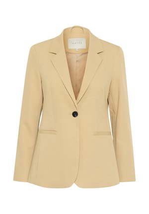 Beige blazer with notched lapels, single black button closure, and two front pockets. Smooth texture and tailored fit. Inner lining visible.