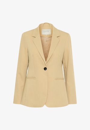 Blazer beige con revers, chiusura a un bottone nero e due tasche frontali. Tessuto liscio e vestibilità su misura. Fodera interna visibile.