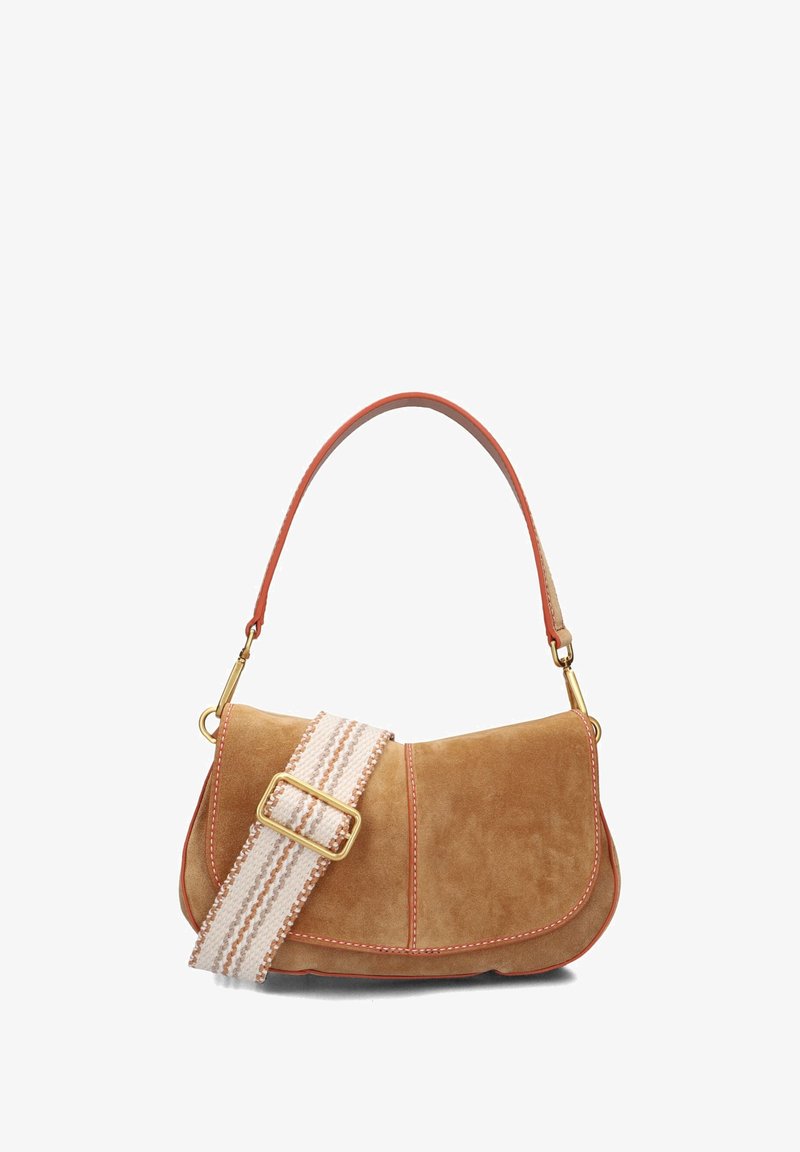 Tansue tas met een gouden gesp en een gestructureerde band met gestreepte accenten. De handtas heeft een gebogen silhouet en contrasterende stiksels.