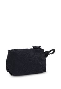 Pochette zippée noire en tissu texturé, dotée d'une petite boucle pour attacher, de forme rectangulaire et présentant un motif carré subtil.