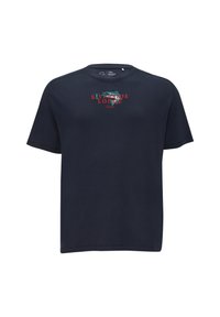 Navyblauw kortemouw t-shirt van katoen, met een grafische print in rood en teal en de tekst "RIVERSIDE LODGE" op de voorkant.
