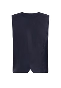 Marinblå ärmlös väst med en slät satinfinish, med en ryggslits och en minimalistisk design. Inga synliga detaljer eller dekorationer.