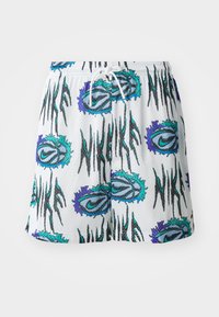 Shorts bianchi in rete con un vivace motivo di ovali turchesi e viola, arricchiti da un logo blu e strisce nere. Vita elasticizzata con cordoncino.