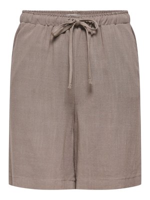 Pantalones cortos casual de color topo con cintura elástica y cordón, hechos de tela ligera texturizada.