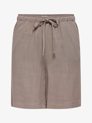 Pantalones cortos casual de color topo con cintura elástica y cordón, hechos de tela ligera texturizada.