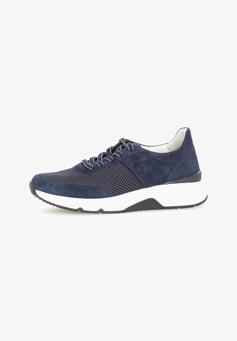 Navy blue suede sneaker featuring mesh panels, round laces, and a white midsole with a textured black outsole. Conventional shoe shape.