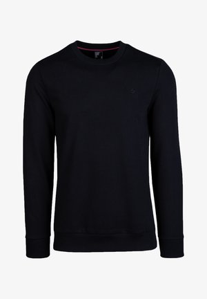 Schwarzer Kapuzenpullover aus weichem Stoff, mit Rundhalsausschnitt und langen Ärmeln. Mit gerippten Bündchen und einem kleinen Logo auf der Brust.