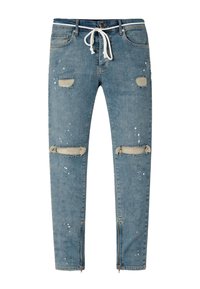 Slim-fit blauwe spijkerbroek met trekkoord in de taille, versleten plekken op dijen en knieën, witte verfspetters en ritsen bij de enkels.