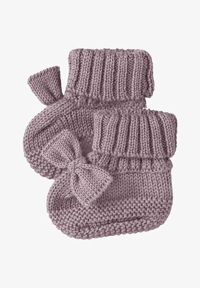 Moufles tricotées en mauve clair doux, avec des poignets côtelés et un accent de nœud. La texture est épaisse et confortable avec un motif tricoté grossier.