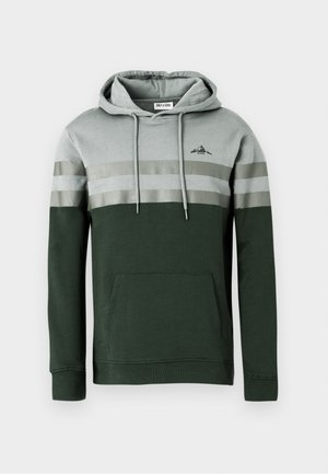 Heren hooded sweatshirt met lichtgrijs bovenstuk, twee reflecterende strepen, donkergroen onderstuk, voorkruiem en een berglogo op de borst.