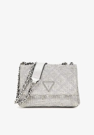 Silver textured handbag with a triangular logo, chain strap, and flap closure. Features a woven design and metallic accents.