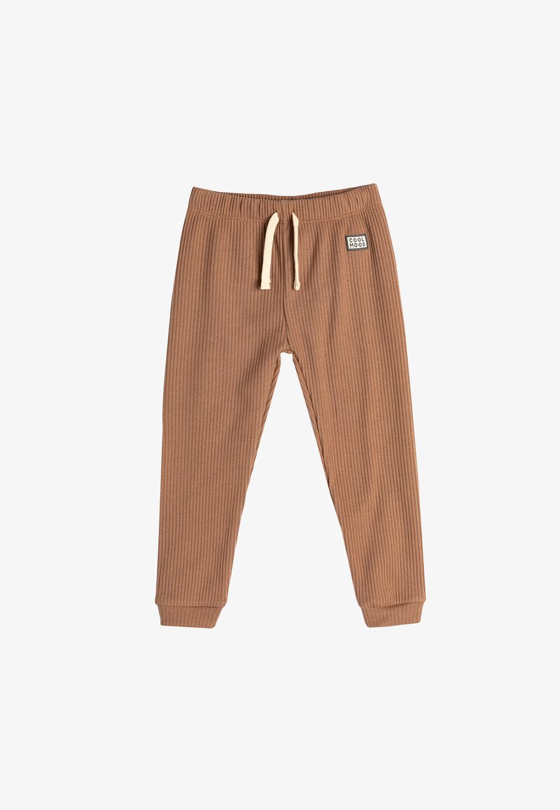 Pantaloni sportivi marroni a costine con vita regolabile, gambe affusolate e un piccolo logo sul davanti. Tessuto morbido.