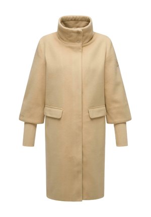 Cappotto in misto lana beige con colletto alto, due tasche frontali e polsini a coste. Taglio dritto con una texture liscia.