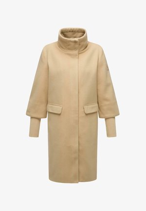 Beige gyapjú keverék kabát, magas gallérral, két elülső zsebbel és bordázott ujjak végével. Egyenes szabású, sima textúrájú.