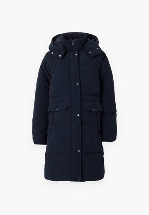 Manteau d'hiver long rembourré bleu foncé avec capuche, fermeture éclair à l'avant, boutons pression et deux poches à rabat à l'avant.
