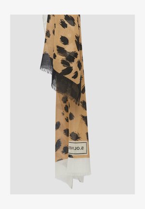 Leopardenmuster-Schal in Brauntönen und Schwarz, mit ausgefransten Kanten und einem weißen Etikett mit schwarzer Schrift am unteren Ende.