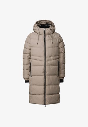 Beige gewatteerde lange jas met een capuchon, voorzien van een zwarte rits, zijzakken en elastische manchetten. Gequilte structuur met een gladde textuur.