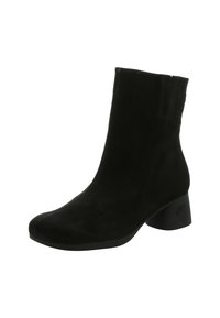 Schwarze Wildleder-Ankelstiefel mit runder Zehe und konischem Absatz. Glatte Textur, minimale Nähte und seitlicher Reißverschluss.