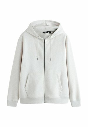 Világosszürke cipzáras kapucnis pulóver húzózsinóros kapucnival, két első zsebbel, bordázott mandzsettákkal és szegéllyel, közepes méret, NEXT márka.