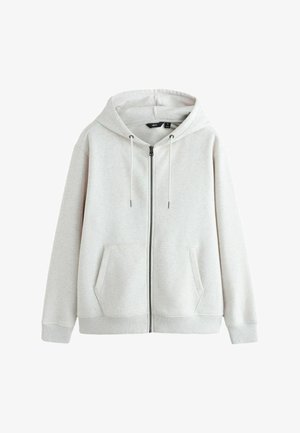 Világosszürke cipzáras kapucnis pulóver húzózsinóros kapucnival, két első zsebbel, bordázott mandzsettákkal és szegéllyel, közepes méret, NEXT márka.