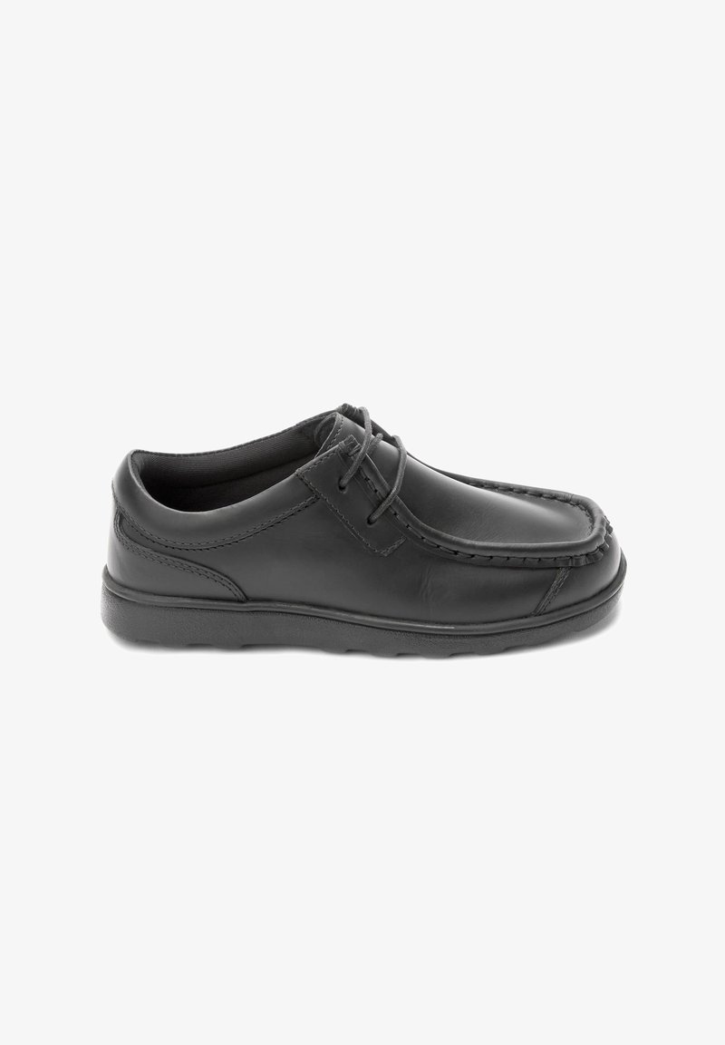 Black leather shoe with a smooth finish, rounded toe, lace-up design, and a stitched detailing along the upper edge. Flat rubber sole.
