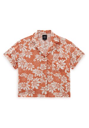 Camicia a maniche corte con bottoni e motivo floreale in arancione e bianco. Presenta una tasca sul petto e un colletto dal design rilassato.