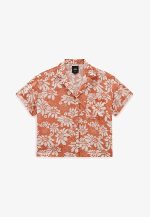 Chemise à manches courtes avec boutons, ornée d'un motif floral orange et blanc. Comprend une poche poitrine et un col décontracté.