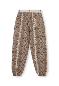 Brune slangeprint joggebukser med en beige talje, som har elastiske manchetter og en glat tekstur, fremhæver et særpræget reptilmønster.