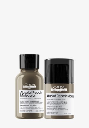 Deux flacons de soins capillaires L'Oréal Professionnel Absolut Repair Molecular, un shampooing 100 ml et un masque leave-in 50 ml, avec des bouchons noirs.