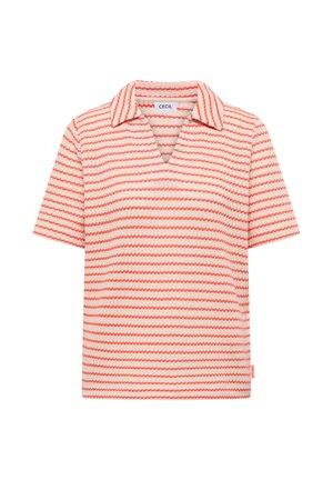 Polo en maille à manches courtes avec des rayures horizontales corail et blanches et un col en V, étiquette "CECIL" à l'intérieur du col.